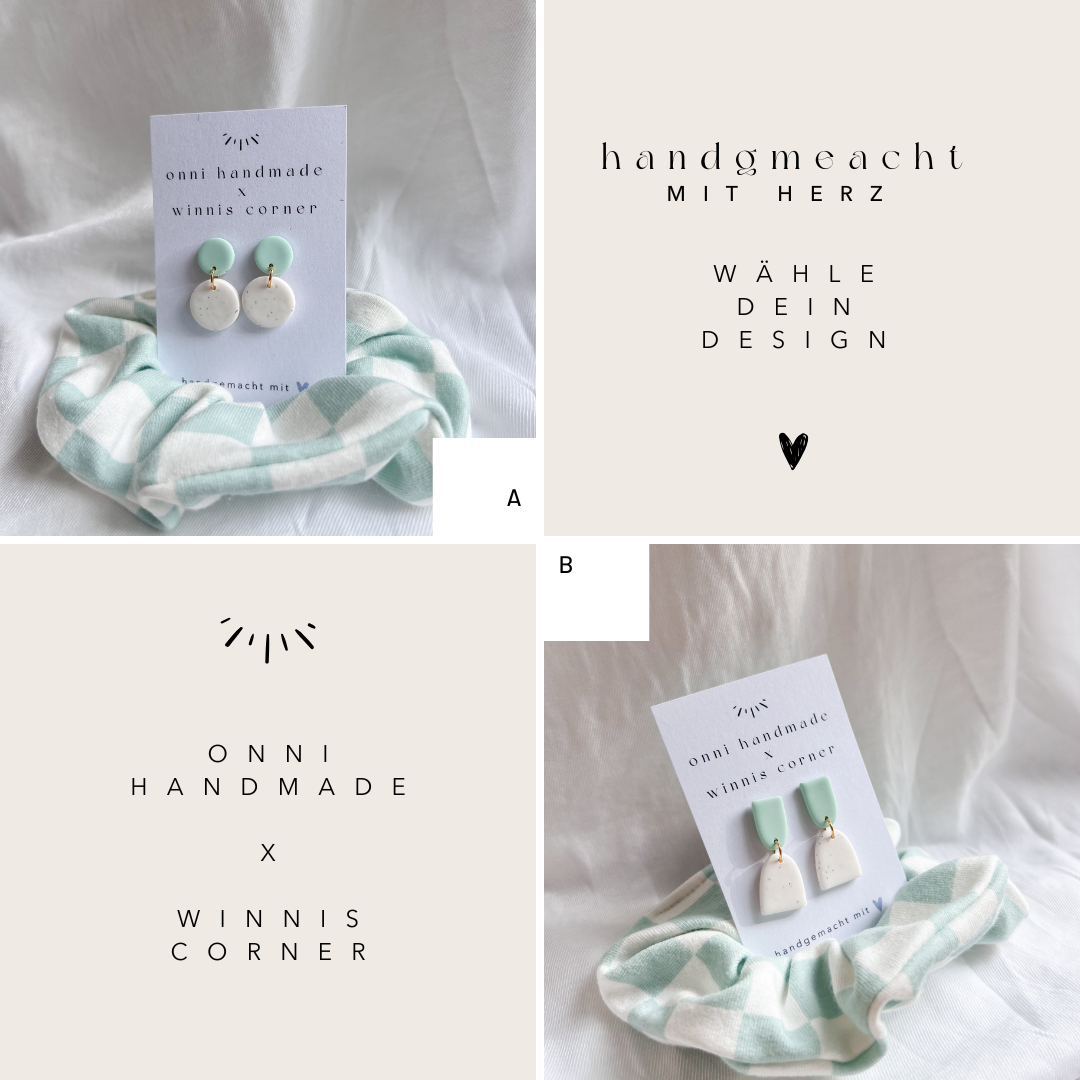 Scrunchie SET LOLA mint weiß, Handgemachte Ohrringe aus Polymerton mit antiallergischem Edelstahlstecker Verschluss. Schrunchie handgefertigt aus Baumwolle