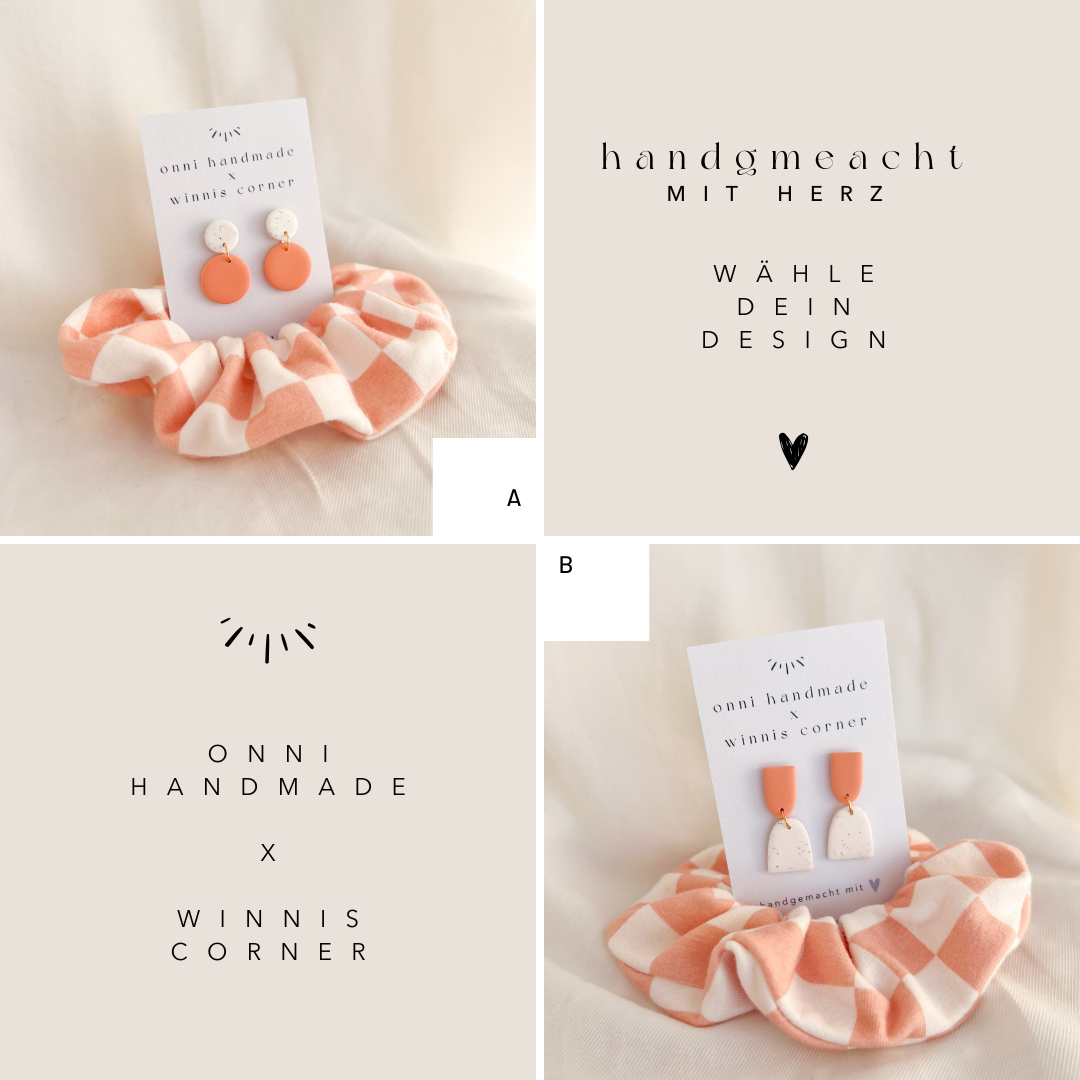 Scrunchie Set MERLE aus Baumwolle mit passenden Ohrringen aus Polymerton und vergoldetem Edelstahl in Pastell-Tönen