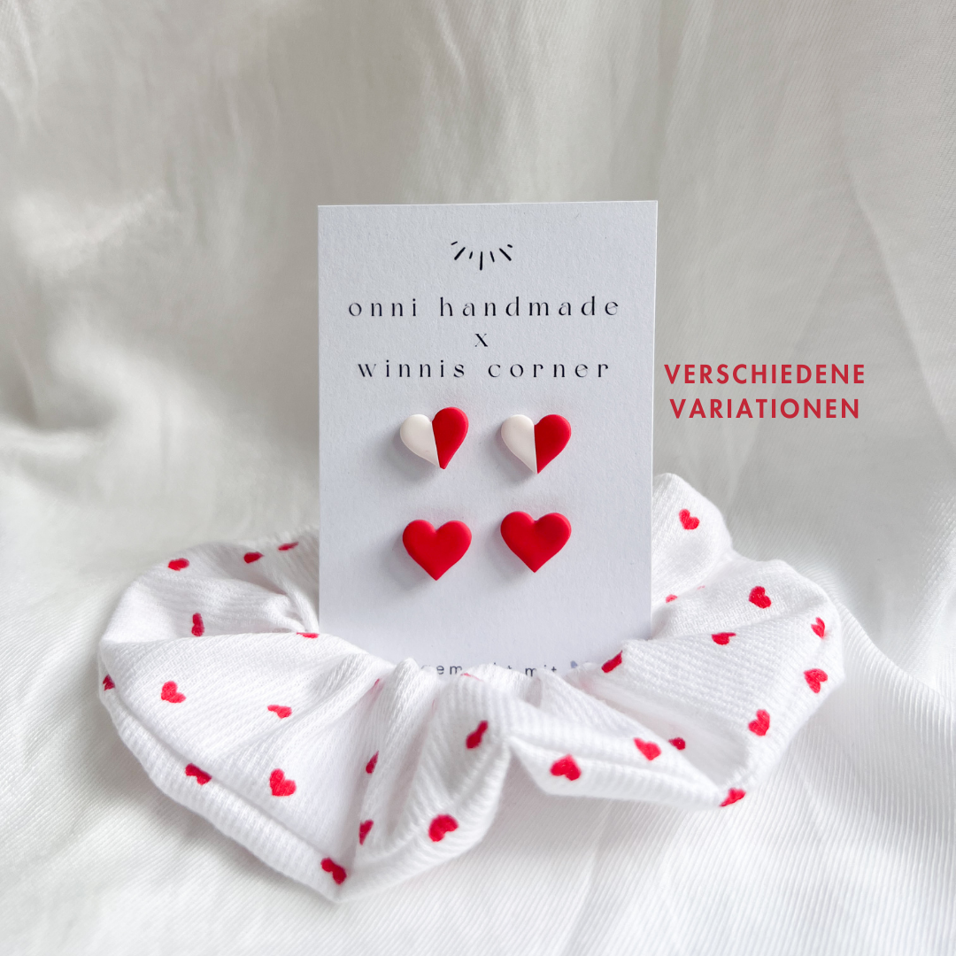 Scrunchie SET HEART rot weiß, Handgemachte Herz Ohr Stecker aus Polymerton, Scrunchie aus 100% Baumwolle