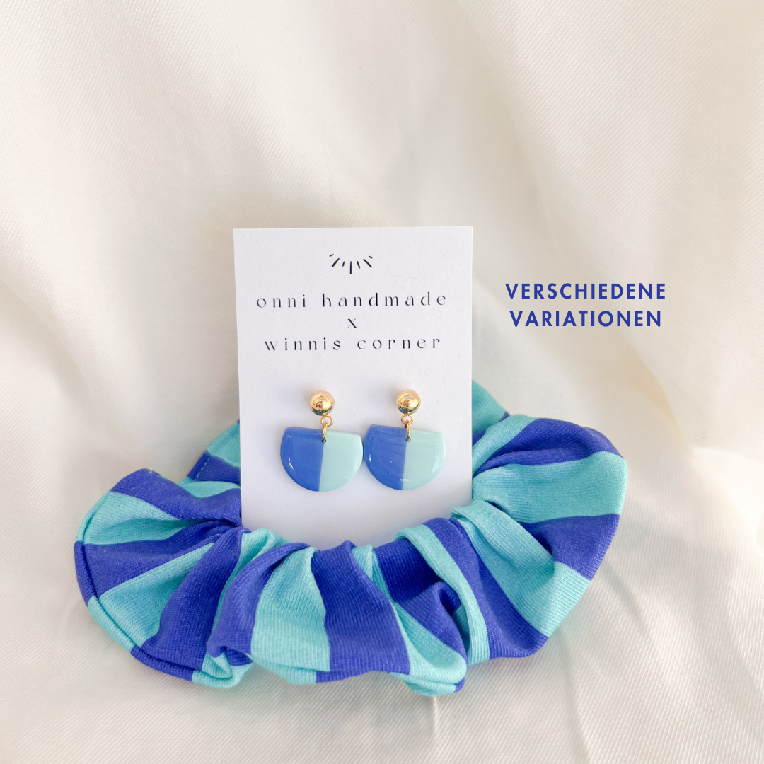 Scrunchie Set JONNA aus Baumwolle mit passenden Ohrringen aus Polymerton und vergoldetem Edelstahl in Blau-Tönen