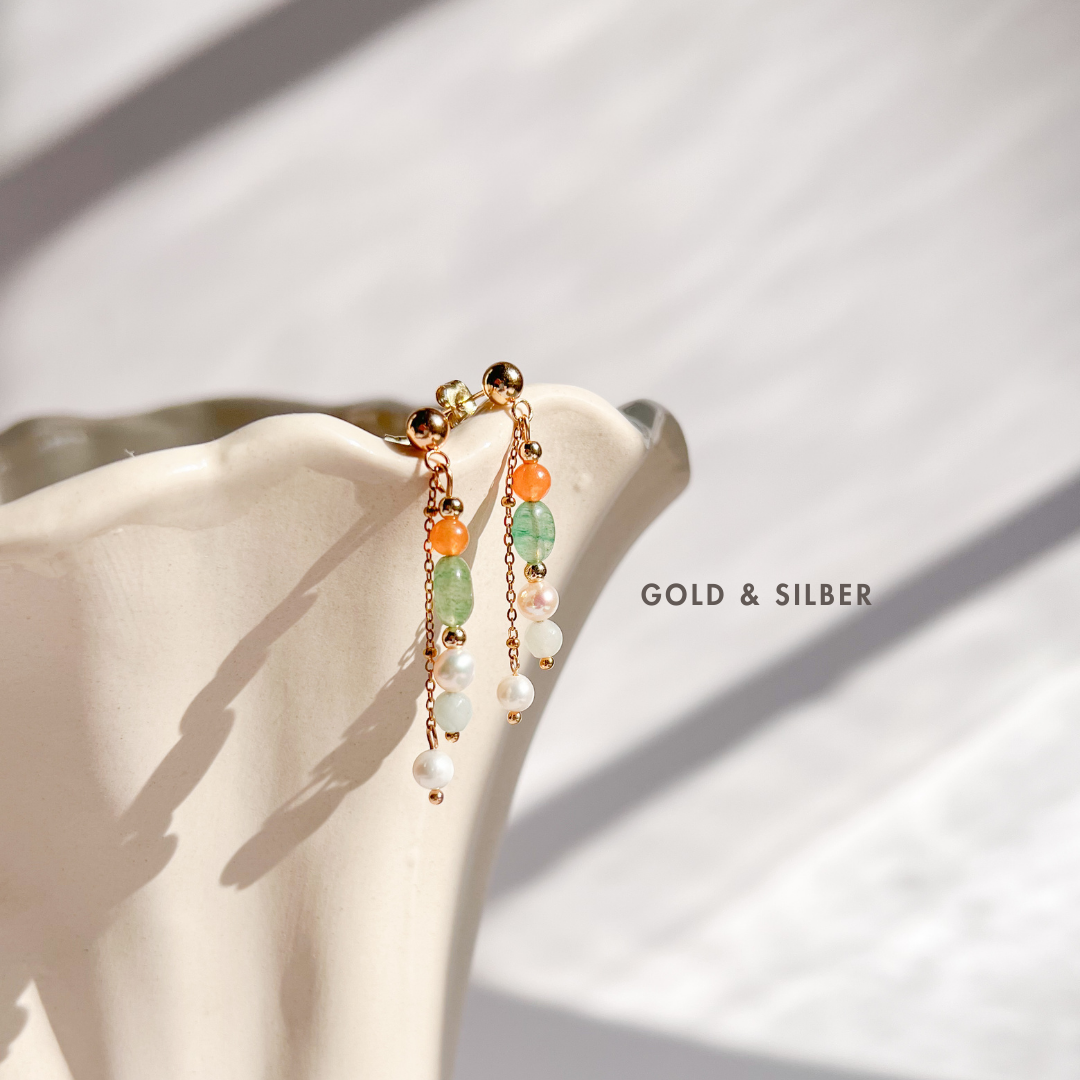 Hängeohrringe aus edlen Natursteinen in minimalistischer Optik mit Aventurin und orangenem Quarz, in golder oder silber, aus antiallergischem Edelstahl